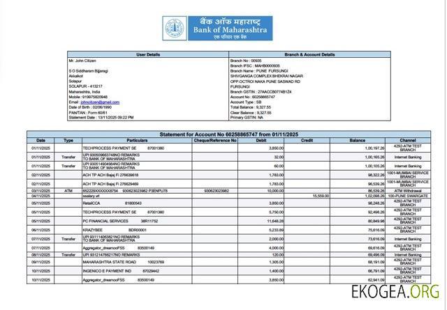 Relevé de l'India Bank of Maharashtra pour le compte Modèle Word et PDF